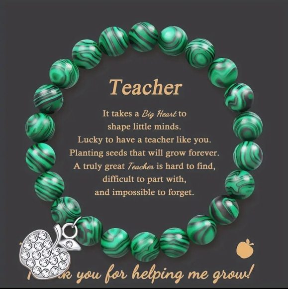 NEW! Natural Stone Beaded Bracelets w/ Rhinestone Apple 🍎 Charm ~ 🎄Teacher 🎁 - Picture 3 of 8